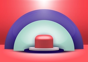 3D realistic geometric shapes blue, white, red color product shelf standing with semicircle blank backdrop pedestal podium display on red background with lighting. Stage floor for your graphic. Studio room showcase of modern interior design. Vector illustration.