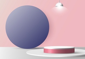 3D realistic empty white round pedestal mockup with lamp on soft pink background and blue circle backdrop. Winner podium stage for award ceremony concept. Vector illustration