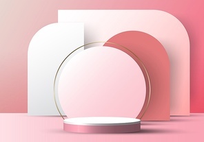 3D realistic elegant white cylinder on circle rounded backdrop on pink background. You can use for show cosmetic products, stage romance showcase on pedestal studio room