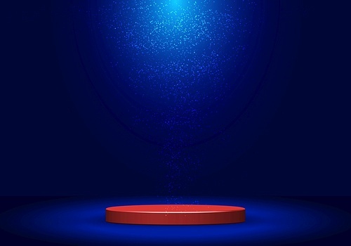 3D realistic red pedestal with lighting and dust on dark blue background. Stage floor for winner award, presentation, concert, etc.  Vector illustration