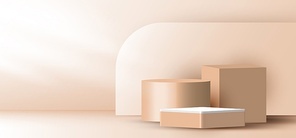 3D realistic elegant brown geometric cylinder, cube on layers rounded backdrop on beige background with lighting. You can use for show cosmetic products, stage romance showcase on pedestal studio room. Vector illustration