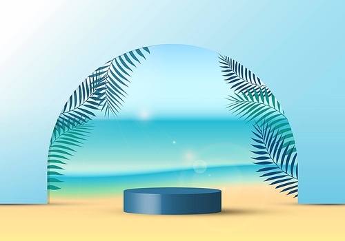 3D realistic blue color geometric platform round shape lighting mockup scene nature summer vacation tropical background with green coconut leaf on the beach and sun, sky, sea background. Vector illustration
