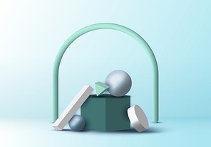 Set of 3D realistic geometric group on blue room background. Vector illustration