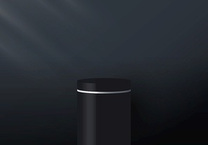 3D realistic black and white pedestal display on dark background with lighting. You can use for show cosmetic products, stage romance showcase on pedestal studio room. Vector illustration