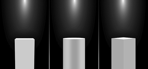 Set of 3D realistic white pedestal podium exhibition display gallery blank product stands on black background with lighting. Vector illustration