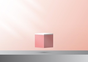 3D pink color cube pedestal floating on air with light minimal wall scene. You can use for product display presentation, mockup, retail showroom, etc. Vector illustration