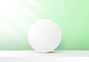 3D realistic white circle backdrop on green background with stage and lighting. Vector illustration