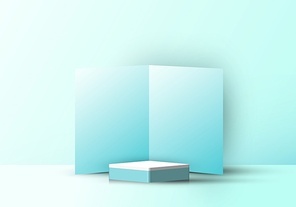 3D realistic square podium with blue folding scene background. Vector illustration