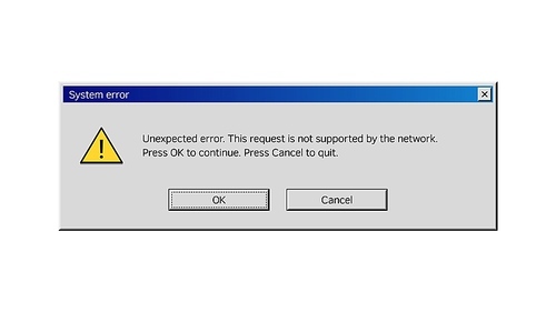 Error message window screen of computer system warning, vector popup message box. Unexpected error of network, PC alert window with Ok and Cancel option buttons for not supported request