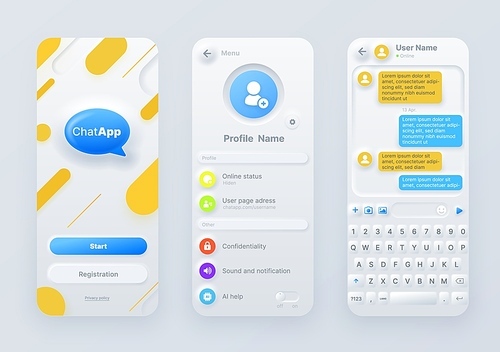 Neumorphic chat application interface, ui of mobile or web communication app. Messenger screen template vector kit with message bubbles, online dialog speech balloons, registration and profile page