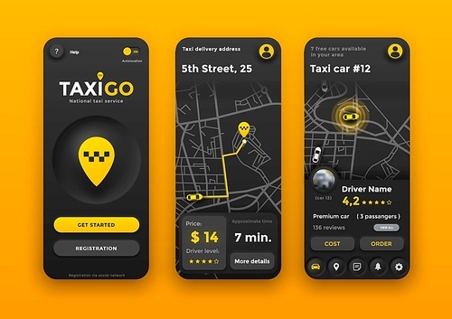 Neumorphic taxi online mobile order application interface. Ui application screens of cab booking, map navigation. Vector neumorphism app design for car service with city location, route, price widgets