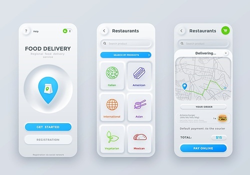 Neumorphic food order and delivery application interface. Vector ui, ux or gui of mobile app touch screen of fast food restaurant or cafe online order service, registration, search, menu page