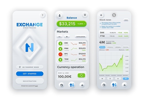 Exchange or stock trade market app neumorphic interface. Forex stock vector mobile layout template. Money exchange and stock trade rates with diagrams and charts for mobile application