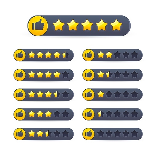 Five golden star review rate of customer feedback. Vector 5 gold stars and thumb up icons. Service quality and product evaluation rating classification isolated bars with customer vote ranking