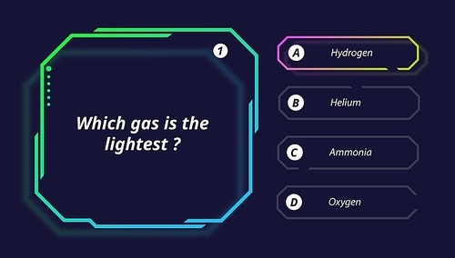 Quiz questions and test menu choice of TV show game, vector neon template. Quiz game question and answer options frames of intellectual challenge contest for TV screen layout