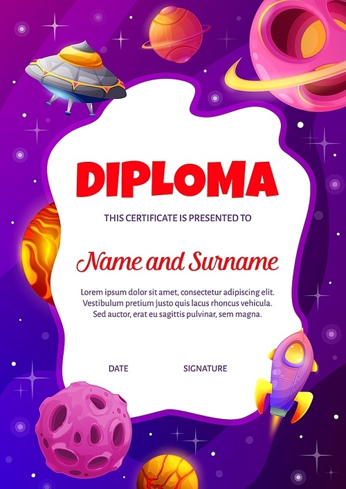 Cartoon flying saucer and space rocket in starry galaxy kids diploma certificate. Education school or kindergarten vector futuristic frame with planets, spaceship and ufo in cosmic world, child design
