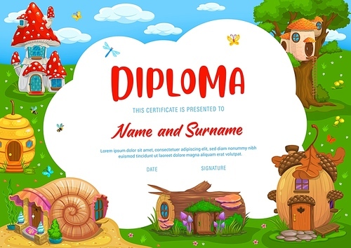 Kids diploma with mushroom, acorn, beehive, seashell and stump cartoon houses, vector. School appreciation award or kindergarten education diploma certificate with dwarf or gnome home huts in forest