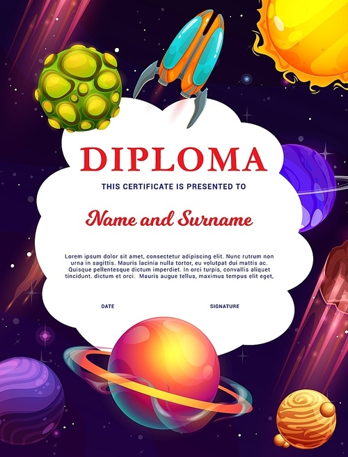 Space rockets in fantastic universe galaxy, sun, asteroids and space planets, vector kids diploma. School appreciation award or kindergarten diploma with galaxy planets and spaceship rocket in galaxy