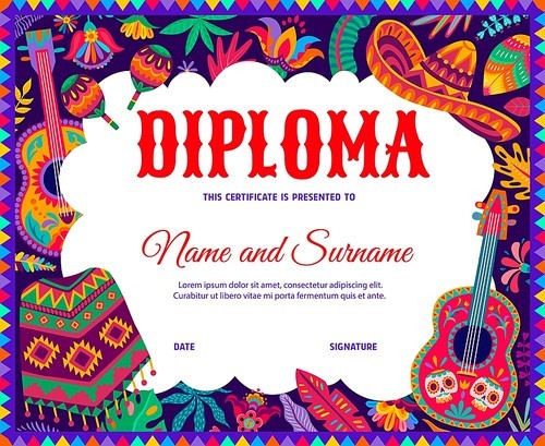 Kids diploma with mexican sombrero, guitars, poncho and floral motifs. School or kindergarten education vector certificate with cartoon holiday items of Mexico, award or graduation frame template