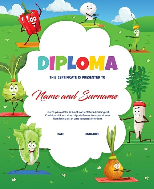 Kids diploma, cartoon vegetables on yoga sport, vector certificate. Kindergarten education diploma award with pepper and kohlrabi on yoga mat, onion cabbage in meditation and bean in fitness