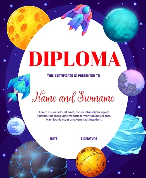 Kids diploma, space voyager or starcraft spaceship and fantastic cartoon galaxy planets, vector. Kids school education certificate or diploma award starship rockets and spacecraft shuttles in space