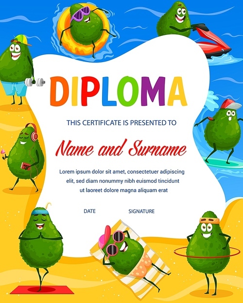 Vertical kids diploma with cartoon avocado characters on summer vacation. Kindergarten vector certificate diploma with funny avocado on beach for holiday fun and leisure