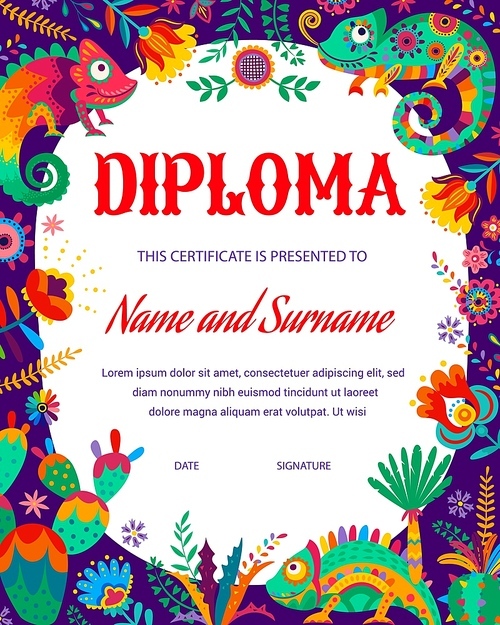 Kids diploma with cartoon chameleons, mexican cactuses and floral elements. Education certificate for school or kindergarten award with mexican alebrije chameleons, flowers and palm leaves