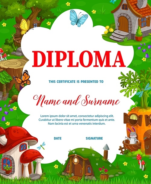 Kids diploma cartoon fairytale carrot, oak, stump, mushroom houses and dwellings. Vector certificate for school or kindergarten with fairy, dwarf, hobbit, gnome or elf fantasy homes in summer forest