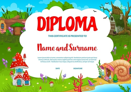 Kids diploma mushroom, wooden log, stump and shell fairy dwellings. Vector cartoon certificate with fairytale houses for school or kindergarten. Fantasy buildings and homes in forest, swamp or beach