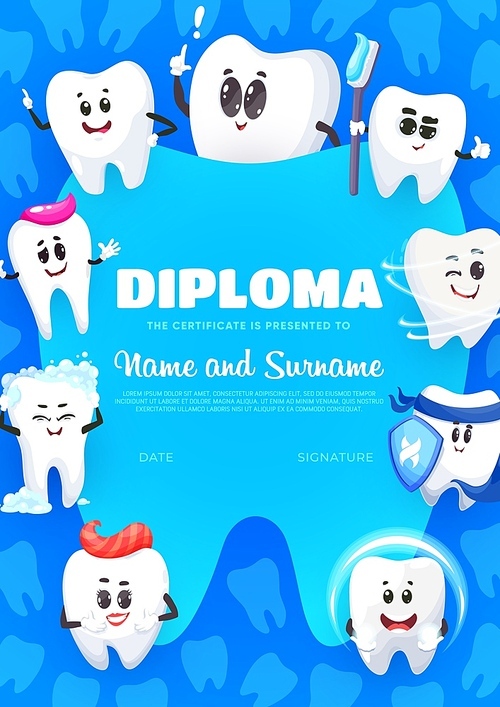 Diploma of dental care, cartoon tooth with brush, paste and mouth rinse. Vector kids certificate with funny clean happy teeth with toothpaste and protective shield. Hygiene characters oral care border