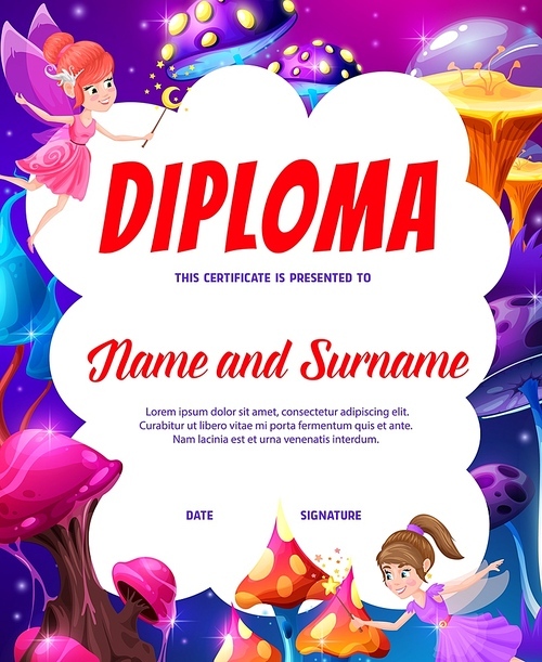 Kids diploma with cartoon fairies and magic mushrooms, vector education certificate. Kid kindergarten or school appreciation award with fantasy elf pixies with magic wands in luminous mushrooms