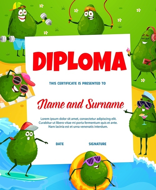 Cartoon ripe avocado character on summer vacation, kid vertical diploma, vector. School or kindergarten education certificate with funny cute avocado on surfboard or summer beach with cocktail