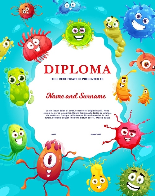 Cartoon microbes, viruses and pathogen cells on kids diploma. Education graduation vector certificate for children, kindergarten or school science project diploma with happy smiling microorganisms