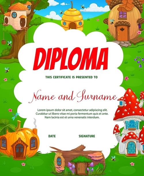 Kids vertical diploma with cartoon beehive, mushroom and pumpkin, stump and acorn fairy houses or dwellings. Kindergarten kids diploma vector certificate or achievement award with fairytale houses