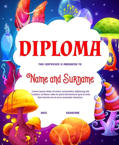 Kids diploma with fantasy luminous magic mushrooms. Cartoon vector certificate with fantastic fairy fungi plants. Education achievement award frame template, graduation or winner success celebration