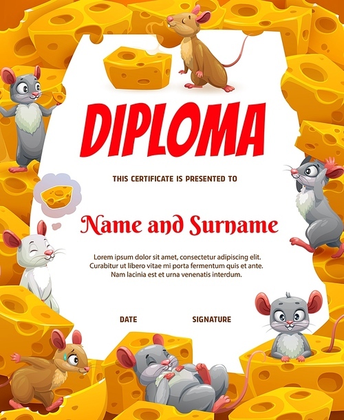 Cartoon funny mouses and cheese on kids diploma. Child education achievement award or certificate, graduation diploma with funny mouses or mice cartoon characters playing, sleeping and eating cheese