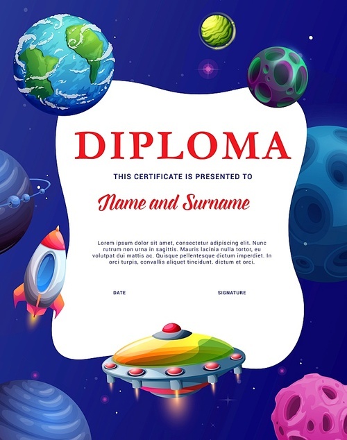 Kids diploma, UFO and rocket in fantastic galaxy and starry space, vector certificate. Kindergarten or school award diploma with galactic spaceship, starcraft and alien saucers in galaxy