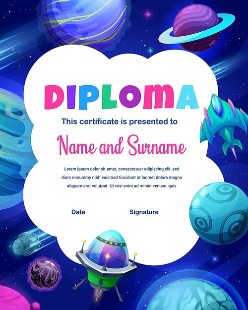 Cartoon blue and azure space planets, asteroids and starship. Kids diploma vector certificate with fantastic universe galaxy stars, ufo saucer and spaceship. Education frame with futuristic rocket