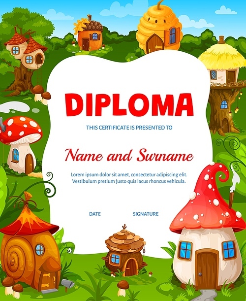 Cartoon fairytale houses and dwellings of gnome or elves kids diploma. School vector certificate with fairy or dwarf fantasy homes in forest acorn, amanita, snail shell and beehive with treehouse