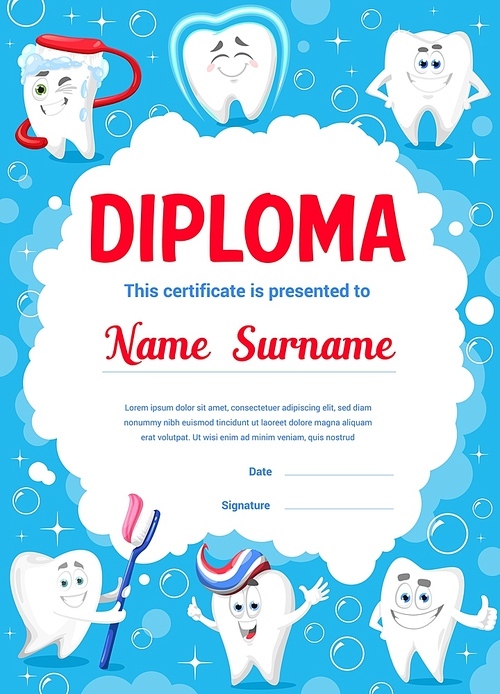 Dental care diploma, cartoon clean teeth with toothbrush and toothpaste, vector certificate. Education diploma award with smiling tooth character in toothpaste sparkling bubbles