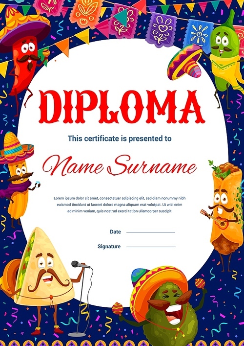 Kids diploma cartoon mexican burrito, churros and jalapeno, avocado mariachi musicians. Vector education school certificate with funny tex mex food in festival costumes. Mexican personages