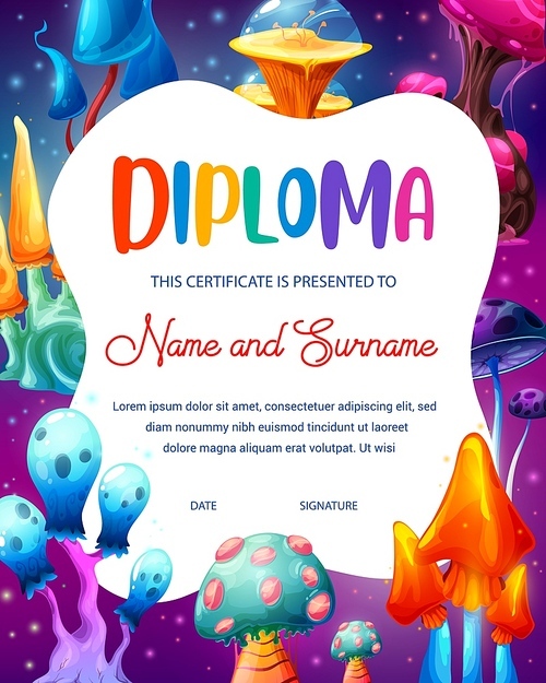 Kids vertical diploma with fantasy world of magic mushrooms. Child graduation certificate vector education diploma with cartoon fairytale alien planet vibrant mushrooms or plants