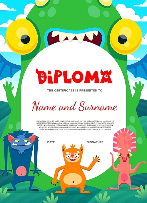 Kids diploma. Cartoon monster characters. Child graduation award, vector certificate or diploma with creepy monkey, toothy lizard and fairy dragon, funny sloth animal, squid cute monster personages