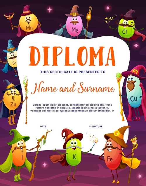 Kids diploma. Cartoon micronutrient and vitamin wizard or mage characters. Child education vector certificate or diploma award with Zn, Mg, K and Fe, Se sorcerer cute personages holding magic staff