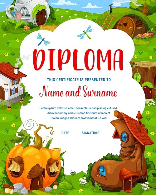 Kids diploma with fantasy pot and pumpkin, boot and stump houses or dwellings. Cartoon fairytale buildings, school student or kindergarten vector certificate with fairy or dwarf homes in magic forest