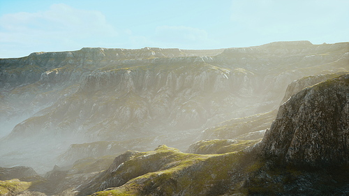 Grasslands wide panorama with autumn grass field and mountains in background at evening time