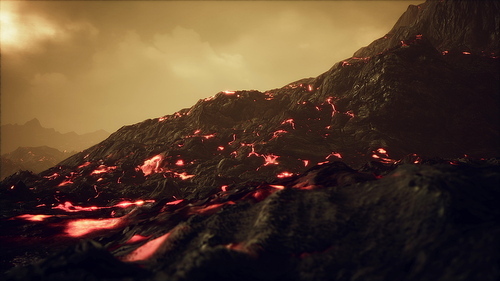 volcanic eruption with fresh hot lava flames and gases going out from the crater