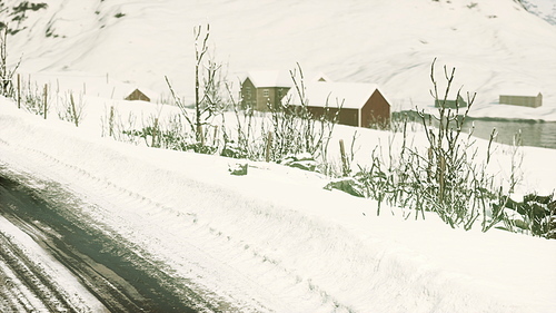 traditional Norwegian wooden houses under the fresh snow