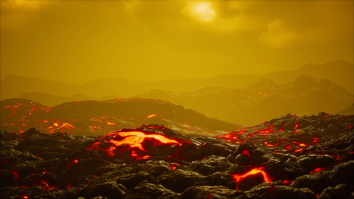 black lava field with hot red orangelavaflow at sunset