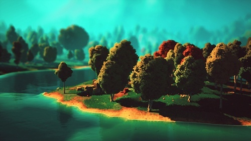 Cartoon Green Forest Landscape with Trees and lake